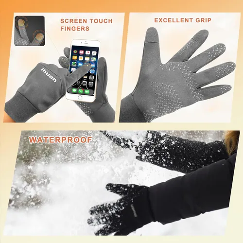 Vista 4 de ihuan Guantes de invierno para hombres y mujeres, guantes cálidos impermeables para clima frío, guantes térmicos para pantalla táctil para correr