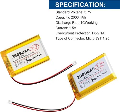 Vista 3 de Batería LiPo de 3.7V 103450 2000mAh, recargable 1S 3C, conector Micro JST 1.25, placa de protección dual, paquete de 4