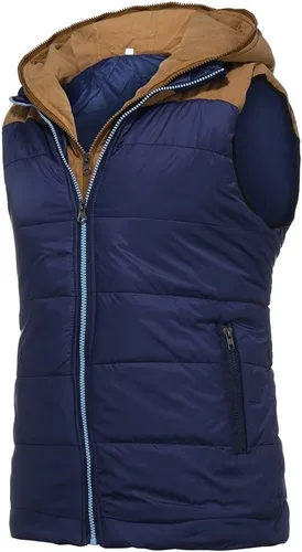 Vista 27 de WENKOMG1 Chaleco con capucha con doble cremallera para hombre, abrigo de color sólido, abrigo cálido y grueso, sin mangas, chaqueta suelta