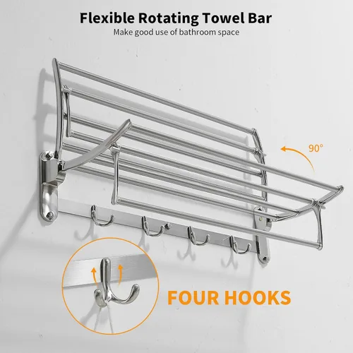 Vista 5 de BESy Toalleros de 24 Pulgadas de Níquel Cepillado, Estante de Toallas de Baño con Barra Plegable y Ganchos para Toallas, Accesorios de Baño