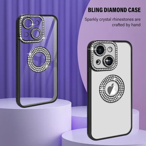 Vista 3 de Losin Funda compatible con iPhone 15 con purpurina y vista del logotipo para mujeres y niñas, bonita funda de lujo con diamantes de imitación, funda