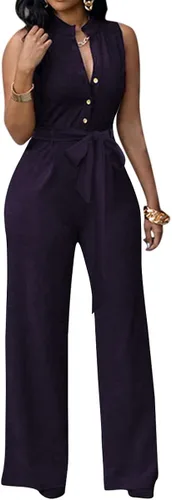 Vista 4 de Enterizo sexy para mujer, estampado floral, cuello en V, sin mangas, pierna ancha, pantalones largos