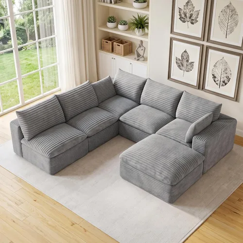 Vista 43 de 118" Cloud Couch Oversized Modular Sectional Sofa, Boneless L-Shaped 6 Seater Deep Seat Couch with Ottoman, Soft Corduroy Upholstery, DIY Negro