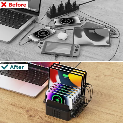Vista 4 de Estación de carga de 150W/35A para múltiples dispositivos, RUANSZZ Estación de carga rápida de 16 puertos USB-C, Organizador de carga múltiple