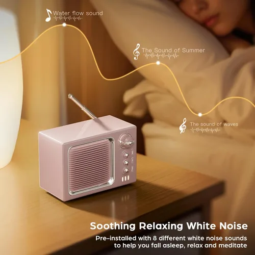 Vista 5 de Altavoz Bluetooth retro, mini altavoz Bluetooth inalámbrico portátil vintage con sonido de ruido blanco, sonido fuerte de 5 W, llamadas manos Beige