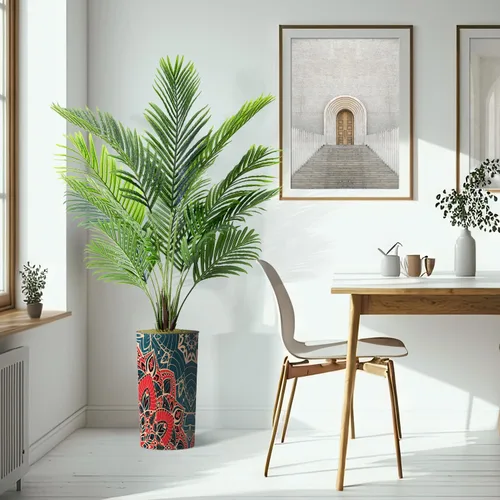 Vista 6 de Árbol artificial en macetero moderno con patrón de mandala, palmera tropical areca artificial de seda para decoración del hogar en interiores