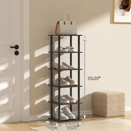 Vista 2 de SHIISEWE Zapatero de bambú para espacios pequeños, 6 niveles de alto, vertical, estrecho, para armario, apilable, soporte negro para almacenamiento
