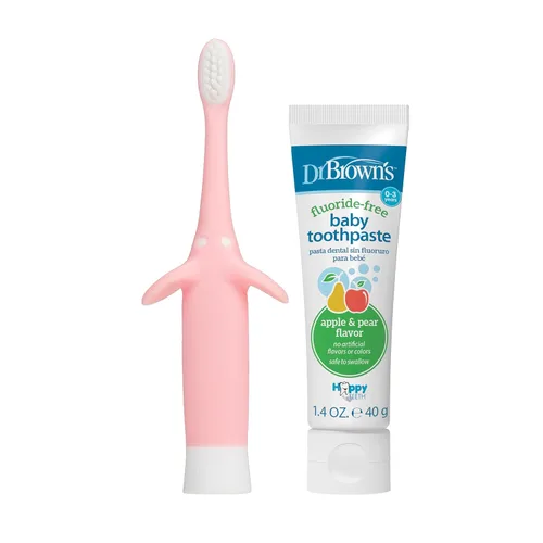 Vista 6 de Dr. Brown's Milestones - Botella sorbera de cuello ancho con asas 100% de silicona, botella de fácil agarre y juego de cepillos de dientes