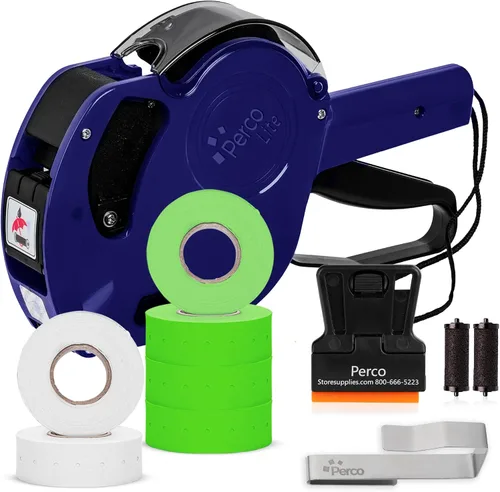 Vista 10 de Perco Lite - Pistola de precio de 1 línea con etiquetas, el kit incluye 3 rollos blancos, 3 rollos azules, 2 rodillos de tinta, 1 rollo de tinta