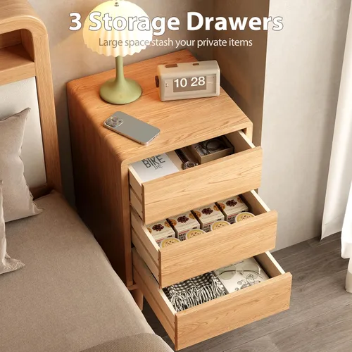 Vista 4 de Mesita de noche alta natural con 3 cajones, mesita de noche moderna de mediados de siglo con almacenamiento, mesita de noche de madera maciza