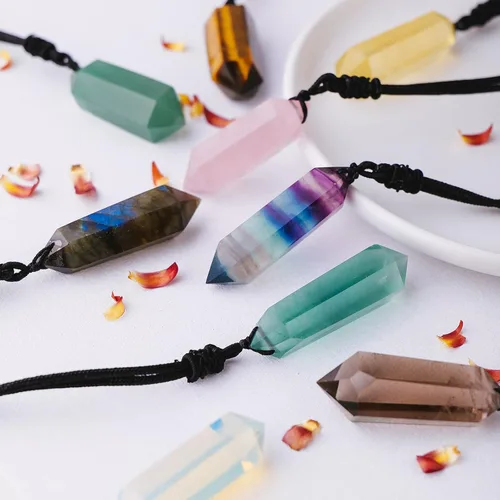 Vista 5 de Apengshi Colgante de cristal curativo natural de doble punta, collar de cuarzo de cristal natural, 6 chakras facetados, varita de cristal