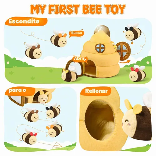 Vista 3 de Juguetes para bebés de 6 a 12 meses - Juguete infantil de colmena con 5 abejas sensoriales, animales de peluche, crujido, sonajero, espejo y música