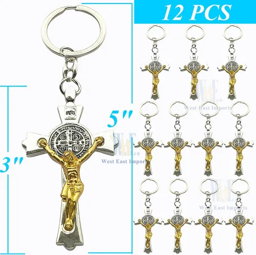 Vista 2 de 12 llaveros de San Benito para el bautismo, primera comunión, religioso, católico, conmemorativo, regalo conmemorativo, Crucifijo de dos tonos