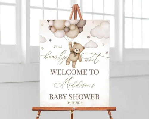 Vista 21 de Globo de aire caliente azul Boho Bear Can Bearly Wait Welcome Sign Decoración, descarga instantánea, letrero de plástico