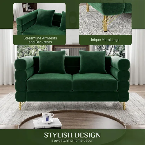 Vista 5 de OUYESSIR Sofá Cloud para sala de estar, cómodo sofá biplaza de terciopelo de 59 pulgadas con 2 almohadas y patas doradas, moderno asiento de dos