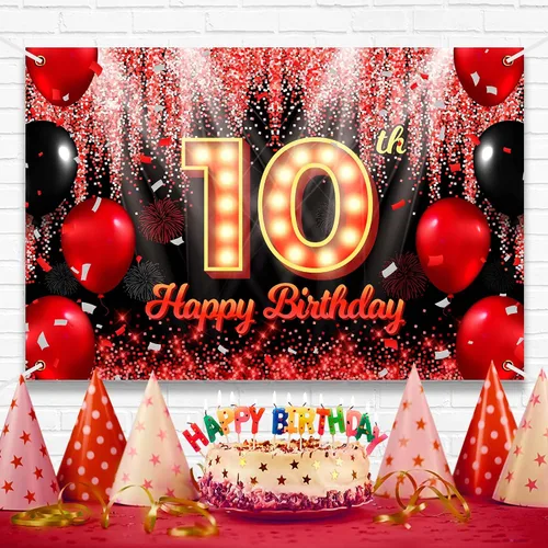 Vista 2 de Telón de Fondo Banner de Feliz 10º Cumpleaños Tema Negro y Rojo con Fondo de Neón Brillante y Moda para Fiesta de Cumpleaños Fotografía Accesorio