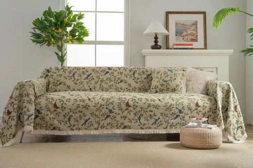 Vista 2 de vctops Fundas de sofá jacquard vintage para sofá seccional patrón de pájaros funda de sofá con flecos para perros fundas de sofá de dos plazas funda