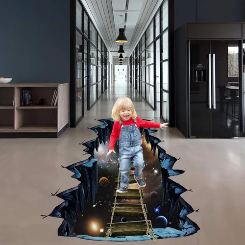 Vista 7 de Calcomanías de pared extraíbles 3D de planetas del espacio exterior, calcomanías creativas de pared de universo galaxia azul, decoración de escalera