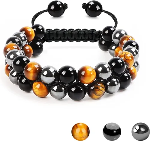 Vista 9 de MIDON - Pulsera de ojo de tigre, pulsera de triple protección para hombres y mujeres, hecha a mano, cuentas de ojo de tigre, hematita y obsidiana