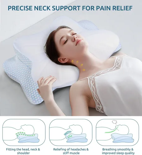 Vista 3 de Almohada cervical de espuma viscoelástica para cuello y hombros, almohada cervical de contorno ergonómico para dormir con 2 alturas, almohadas