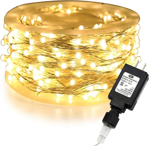Vista 16 de RUICHEN Guirnalda de luces LED de alambre plateado con carrete de 99 pies, 300 luces LED de 99 pies, color verde