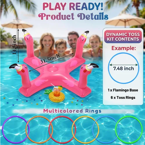 Vista 4 de Uniqhia Anillo inflable para piscina con 6 anillos, juego de piscina flotante de tiburón y flamenco con 6 anillos, juegos de piscina para niños