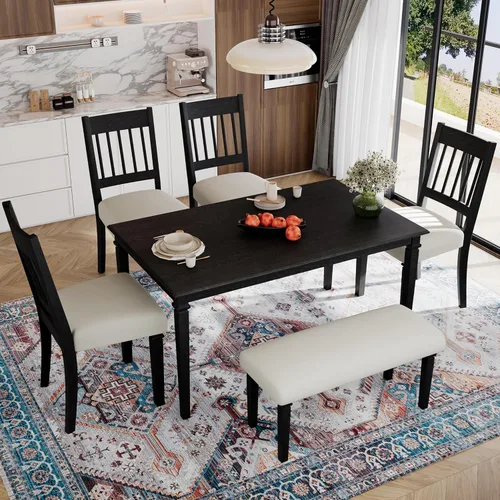 Vista 3 de Juego de comedor retro de 6 piezas, mesa rectangular de madera y 4 sillas con banco para cocina y comedor, color gris cola de milano Cola de milano