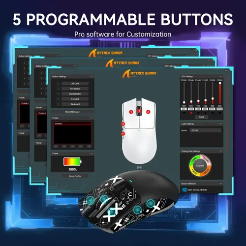 Vista 8 de ATTACK SHARK X11 Ratón inalámbrico ligero para juegos con base de carga RGB, Tri-Mode-2.4G/USB-C con cable/BT, 22K DPI, sensor óptico PAW3311
