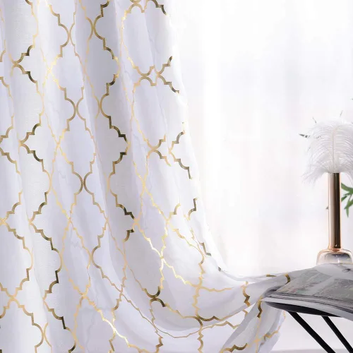 Vista 12 de YJ YANJUN Cortinas traslúcidas de 63 pulgadas de largo, cortinas de gasa metálicas doradas y blancas para dormitorio, diseño moderno marroquí