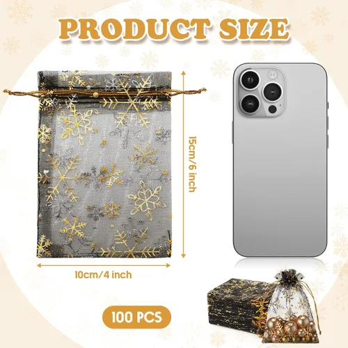 Vista 2 de Roowest 100 bolsas de regalo de organza con copos de nieve de 4 x 6 pulgadas, pequeñas bolsas de malla para joyas, mini cordón para dulces, bolsas