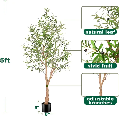 Vista 2 de FEELEAD Árbol de olivo artificial de 5 pies, olivo sintético con hojas realistas y tronco natural, olivo falso en maceta para el hogar, sala