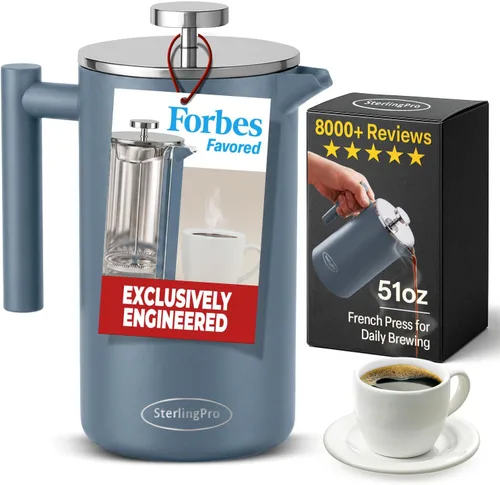 Vista 11 de SterlingPro Cafetera de prensa francesa de acero inoxidable, grande, 1 L (34 onzas), color negro, prensa de café duradera con aislamiento de doble