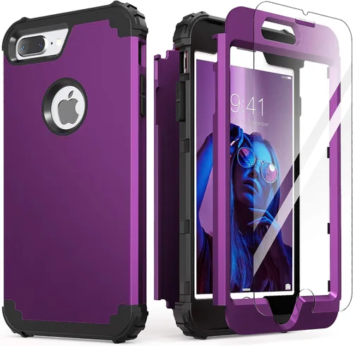 Vista 22 de IDweel Funda para iPhone 8 Plus, Funda para iPhone 7 Plus con Protector de Pantalla de Vidrio Templado, 3 en 1 Resistente a Golpes Delgada Híbrida
