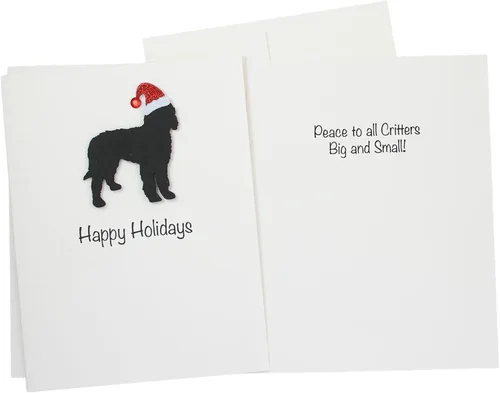Vista 3 de Black Doodle Bernedoodle - Tarjetas de Navidad (10 unidades), hechas a mano, base blanca, perro con sombrero de Papá Noel Negro