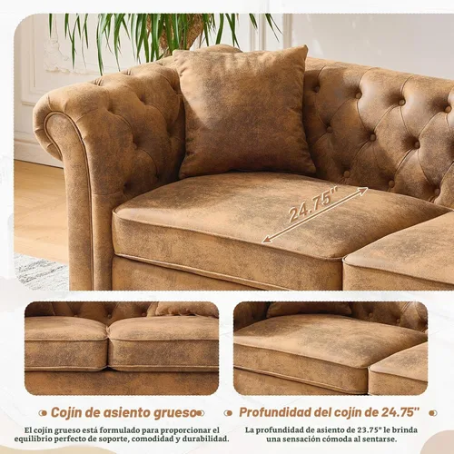Vista 6 de Sofá Chesterfield de piel sintética de 66 pulgadas, cómodo sofá de dos plazas tapizado con reposabrazos enrollables y botón copetudo para sala
