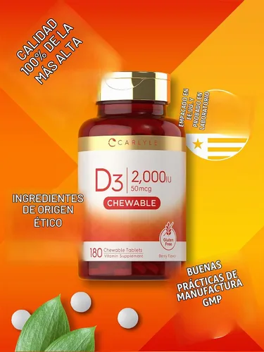 Vista 6 de Carlyle Vitamina D3 masticable 2000 UI (50mcg) 180 tabletas masticables