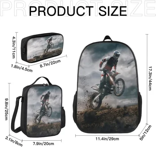 Vista 2 de KXZOYLM Mochila de motocross para niños, mochilas escolares de motocicleta, juego de 3 piezas, bolsa escolar con bolsa de almuerzo y estuche