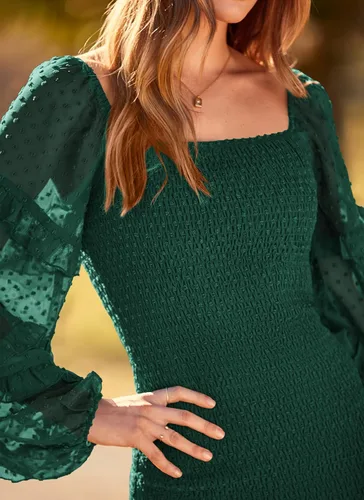 Vista 6 de PRETTYGARDEN Vestido corto ajustado fruncido para mujer, manga larga, cuello cuadrado, lunares suizos, volantes, vestido elegante de sirena
