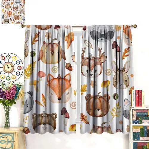 Vista 3 de Cortinas de calabaza de animales, lindos dibujos animados de animales del bosque, hojas de otoño y hongos, estampado de hojas y hongos, tratamientos