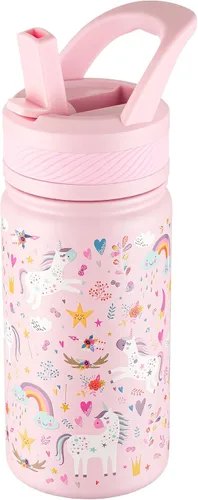 Vista 25 de Fanhaw Botella de agua aislada para niños de 14 onzas con tapa de pajita – Acero inoxidable de doble pared al vacío, a prueba de fugas, botellas