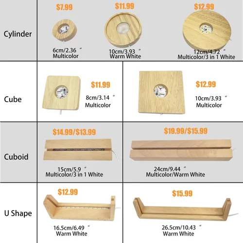 Vista 9 de Pedestal de pantalla de luz LED, soporte base de lámpara de madera de haya para acrílico y plexiglás, lámpara de mesa LED de madera para el hogar 3D