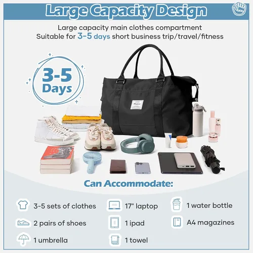 Vista 7 de Pequeña bolsa de gimnasio negra para mujer, elegante bolsa de viaje para avión, bolsa de lona ligera para mujeres y hombres, bolsa