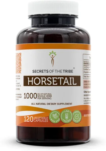 Vista 6 de Secrets of the Tribe Cola de caballo 60 cápsulas, 1000 mg, Cola de caballo (Equisetum arvense) Hierba seca (60 Cápsulas)