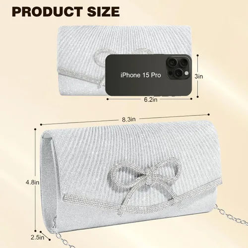 Vista 6 de Bolso de noche para mujer, bolsos de mano con lazo brillante, bolsa cruzada, bolsa de boda, fiesta de diamantes de imitación con purpurina