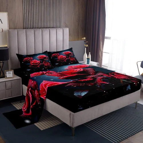 Vista 26 de Juego de sábanas femeninas de flores de rosas rojas, tamaño individual, juego de ropa de cama para el día de San Valentín, decoración de habitación