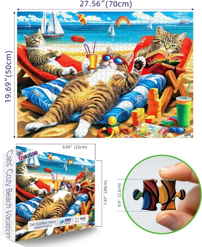 Vista 2 de Rompecabezas de playa vibrante para adultos de 1000 piezas, divertido escena de vacaciones de verano, 27.56 x 19.69 pulgadas, alivio del estrés
