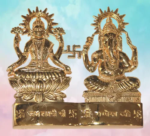 Vista 4 de IS4A Lakshmi Ganesh - Estatua de ídolo energizada chapada en oro, para boda, festival, aniversario, Diwali Puja, regalo espiritual de 4 pulgadas
