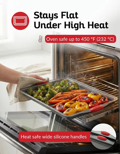Vista 2 de Boxiki Kitchen - Bandeja para hornear antiadherente – Acero al carbono de calibre pesado, resistente a deformaciones, abolladuras y óxido – Bandejas