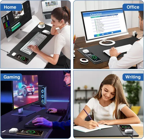 Vista 4 de Alfombrilla magnética de carga inalámbrica para mouse, 27.5 x 11.8 pulgadas, tapete de escritorio para juegos con bordes cosidos superiores, base