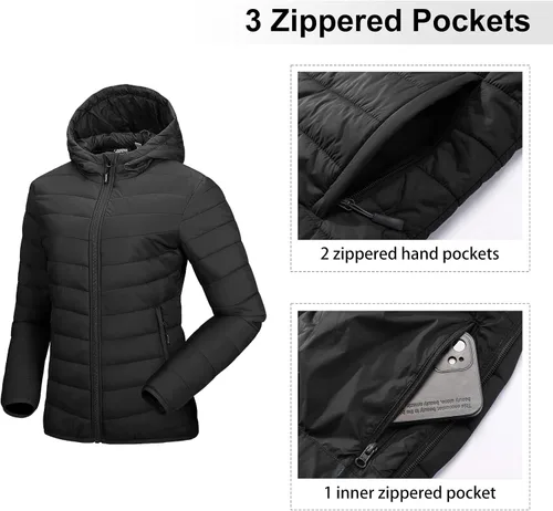 Vista 3 de Outdoor Ventures Chaqueta acolchada ligera con cremallera completa para mujer, abrigo de invierno acolchado con capucha